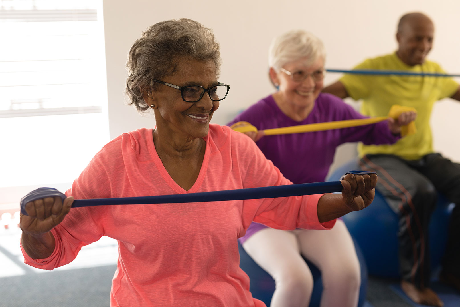 Residents taking part in an exercise class at The Woods at Holly Tree